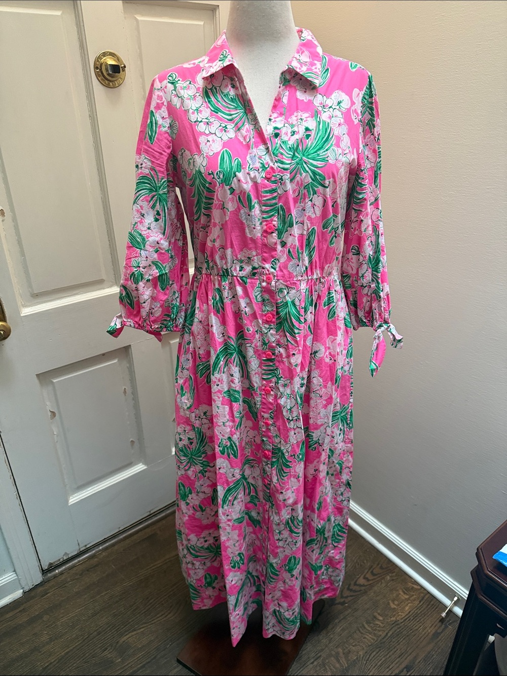 Lilly Pulitzer Pink Floral Button-Front Maxi Dress with Green Accents